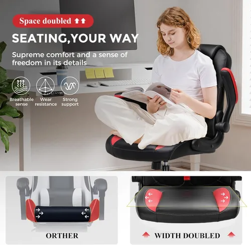 Miniatura 5 de COMHOMA Silla ergonómica para juegos de oficina para adultos, con soporte lumbar, brazos abatibles, altura ajustable, ruedas giratorias de piel Nred