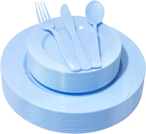 YOUBET 125 platos de plástico azul, platos desechables para baby shower, incluye 25 platos llanos, 25 platos de postre, 25 tenedores, 25 cuchillos,