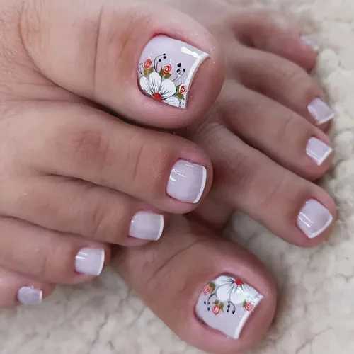 Miniatura 31 de Uñas postizas acrílicas artificiales negras para los dedos de los pies, ataúd a presión con diseños de flores blancas, uñas postizas reutilizables