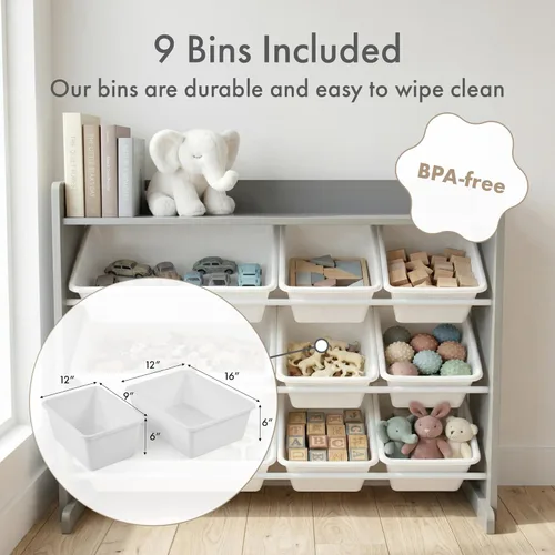 Miniatura 5 de Humble Crew Organizador de almacenamiento de juguetes con estante superior y 9 contenedores extraíbles, gris/blanco, estantería para niños pequeños