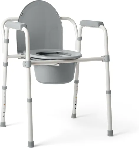 Medline 3 en 1 mesita de noche de acero, asiento estándar, marco plegable resistente, cubo de 7.5 QT, capacidad de peso de 350 lb, asiento con clip,