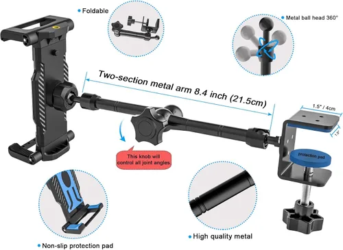 Miniatura 7 de Soporte para tableta de cocina de escritorio, cajas de costura, brazo de metal ajustable, soporte de montaje para tableta para iPad Pro 12.9 Air