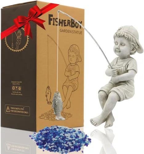 Miniatura 10 de Goodeco Estatua de jardín de Fishergirl – Pequeño pescador de 11 pulgadas para estanque Koi o cascadas, estatua junto a la piscina con guijarros que