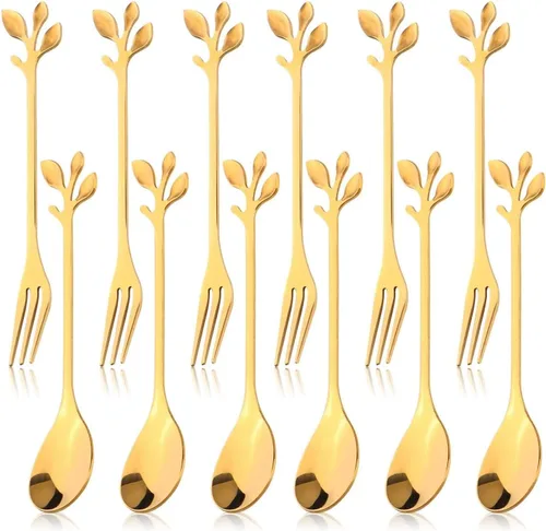 Juego de 12 cucharas de café de acero inoxidable con hojas doradas y tenedores de frutas para tartas, accesorios de cocina, fiesta de boda para