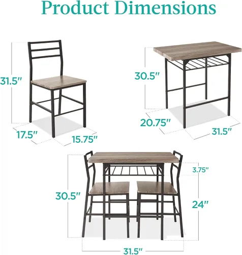 Miniatura 2 de Best Choice Products Juego de comedor moderno de 3 piezas, comedor que ahorra espacio para cocina, comedor, espacio pequeño con marco de acero, Gris