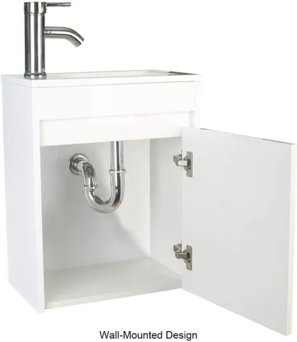 Miniatura 8 de Tocador de baño blanco con fregadero de cerámica combinado, tocador de baño de montaje en pared, 16 pulgadas de largo x 9.8 pulgadas de ancho x 20.3