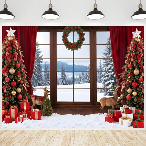 Telón de fondo de ventana de Navidad de 5 x 3 pies para sesión de fotos, bosque de nieve de invierno, escenario para fotografía, árbol de Navidad,