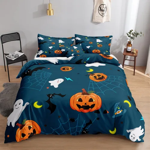 Miniatura 23 de Juego de funda de edredón de calabaza para Halloween, divertido diseño de calabaza malvada, color negro, juego de ropa de cama Tiwn 1 funda