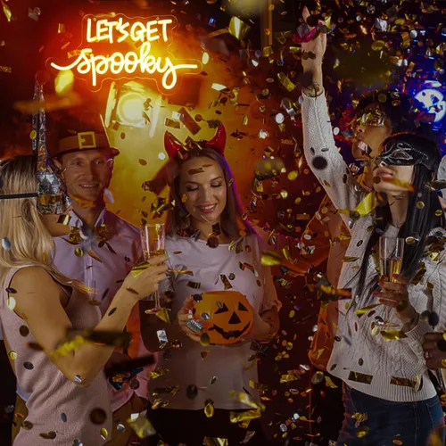 Miniatura 7 de Letreros de neón con texto en inglés "Let's Get Spooky", letrero de neón para Halloween, letras amarillas, luces de neón espeluznantes para pared