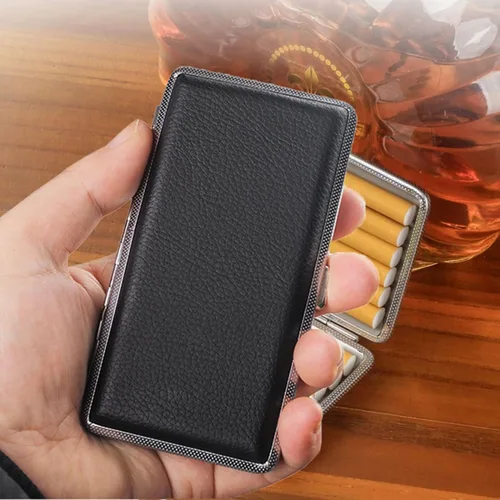 Miniatura 4 de Estuche para Cigarrillos Elegante de Superficie de Cuero con Caja de Metal para 14 Cigarrillos. Estuche de Doble Cara con Clip de Resorte para Negro
