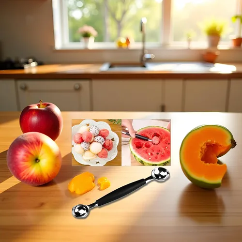 Miniatura 5 de Cuchara de melón de acero inoxidable 2 en 1, cuchara de melón de doble cara, helado de melón de sandía adecuado, cómodo agarre antideslizante