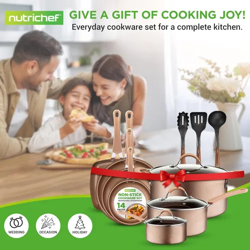 Miniatura 7 de NutriChef Juego de ollas y sartenes antiadherentes de 14 piezas, juego de utensilios de cocina de inducción, sin PFAS para todas las estufas, Dorado