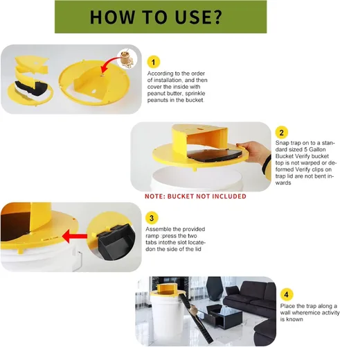 Miniatura 4 de Trampa para ratones, tapa abatible para cubeta de 5 galones, para uso humano en interiores y exteriores, desmontable y resistente (amarillo)