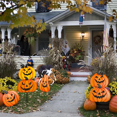 Miniatura 7 de Juegoal Paquete de 2 estacas de jardín de Halloween, calabazas de metal apiladas, decoración de césped Jack-o-Lantern, letreros de patio decorativos