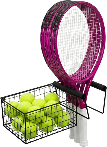 MyGift Raqueta de tenis de metal colgante y cesta de almacenamiento de pelota de tenis, soporte de raqueta montado en la pared