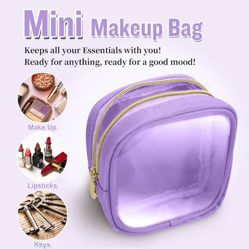 Miniatura 4 de izuzta Bolsa de Maquillaje Pequeña de Nylon, Linda Bolso de Cosméticos Mini, Bolso de Cremallera Preppy, Púrpura, Mini Púrpura-Transparente