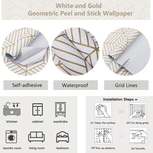 Miniatura 4 de CiCiwind Papel tapiz bohemio para despegar y pegar, papel de contacto geométrico moderno blanco y dorado para gabinetes, papel tapiz autoadhesivo