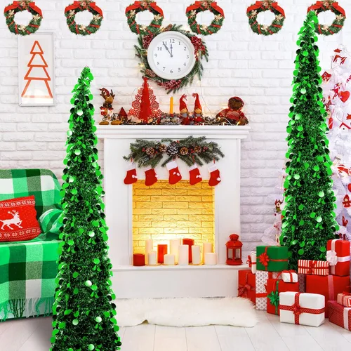 Miniatura 5 de Aoriher Árbol de Navidad de Oropel Verde Preiluminado Emergente de 5 pies, Decoración Reutilizable Plegable Artificial con Lentejuelas, Árbol