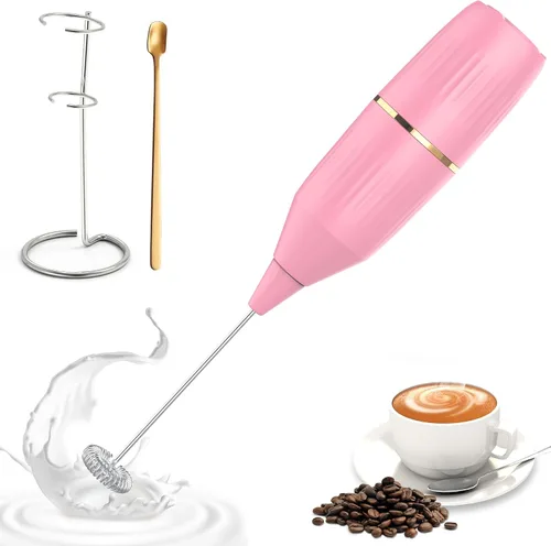 Miniatura 8 de Homexup Espumador de leche de mano de 14,000 rpm, mezclador de bebidas con soporte y cuchara agitadora, funcionamiento silencioso con un botón