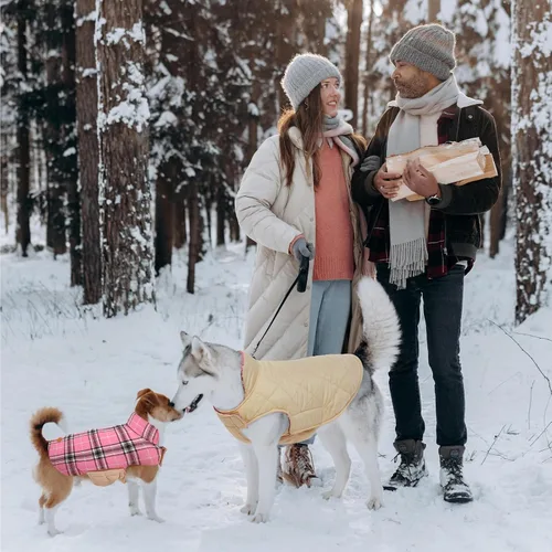 Miniatura 7 de Kuoser - Abrigo impermeable de invierno para perro, chaqueta reversible estilo británico, ropa para perro a cuadros, abrigo de nieve acogedor