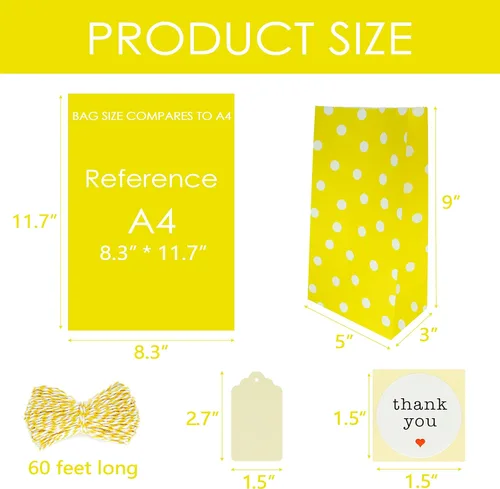 Miniatura 3 de SMINTINE Paquete de 30 bolsas de papel amarillo con calcomanías de agradecimiento, etiquetas de papel, cuerda de algodón para panaderos, bolsas