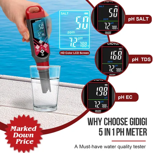 Miniatura 2 de Medidor digital de pH de piscina y probador de sal con batería AAA 5 en 1 pluma de pH Medidor de pH de sal roja