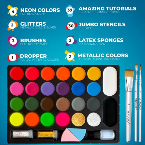 Kit de Pintura Facial Zenovika para Niños - Kit de Pintura Facial de 26 Colores, No Tóxico e Hipoalergénico, Plantillas, Libro y Kit de Maquillaje