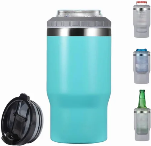 Miniatura 14 de Enfriador de latas de acero inoxidable de 14 oz, 4 en 1, con aislante para botellas de cerveza de 12 oz, con 2 tapas, enfriador térmico aislado