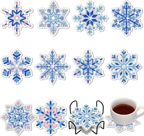Miniatura 9 de 10 piezas de posavasos de arte de diamante con bola de Navidad DIY Posavasos de pintura de diamante rojo y verde con copo de nieve y alce de Navidad