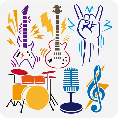FINGERINSPIRE Plantilla de música de 11.8 x 11.8 pulgadas, rollo de rock, instrumentos musicales, plantilla de pintura para bricolaje, guitarra,