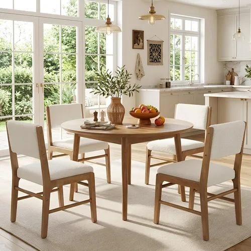 Miniatura 11 de HNY Juego de 2 sillas de comedor de lino beige con marco de madera negra, silla de cocina tapizada de tela moderna con respaldo rectangular, sillas