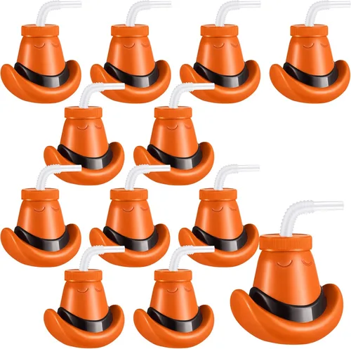 Amyhill 24 tazas de sombrero de vaquero con tapas y pajitas de plástico de 12 onzas para sombrero de vaquero para suministros de fiesta de rodeo