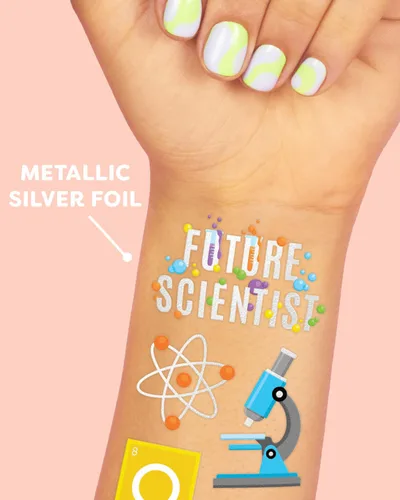 Miniatura 4 de xo, Fetti Tatuajes temporales de fiesta de ciencia - 62 estilos de lámina plateada Suministros para fiestas de cumpleaños de científicos locos