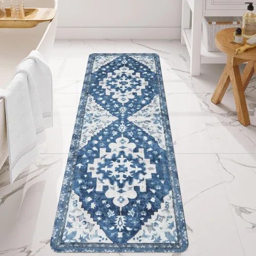 Miniatura 31 de Uphome Alfombra de baño vintage, azul, bohemio, antideslizante, oriental, suave, lavable a máquina, lindas alfombras de baño tribales florales