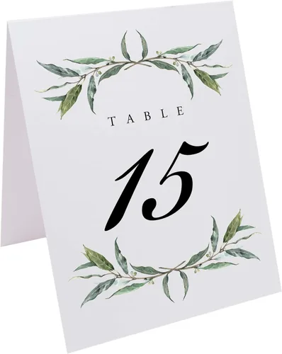 Miniatura 2 de Corona de laurel y números de mesa de boda, 1-10, doble cara, tienda de campaña o uso en un soporte, ideal para fiestas y restaurantes, fabricado
