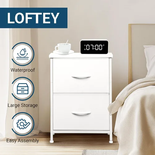Miniatura 3 de LOFTEY Mesita de noche blanca, mesita de noche con 2 cajones de tela, mesita de noche para niños pequeños para dormitorio, mesa auxiliar de cama