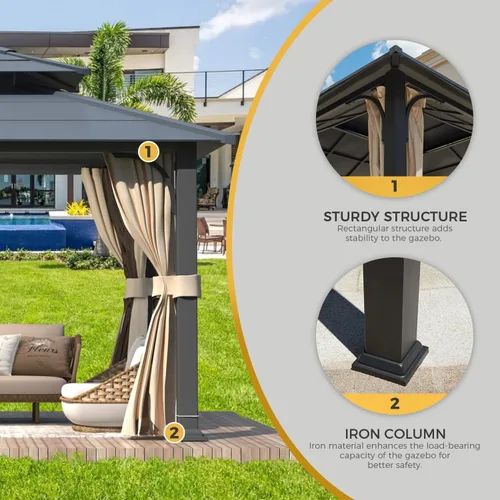 Miniatura 4 de YOLENY Cenador de techo rígido de 12 x 10 pies, toldo para exteriores, techo de acrílico y acero galvanizado, marco de aluminio con cortinas y red