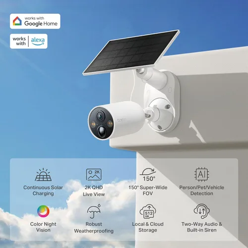 Miniatura 2 de TP-Link Tapo SolarCam 2K, cámara de batería para exteriores con base de panel solar, cámara inalámbrica, 2K QHD, FOV súper amplio de 150°, detección
