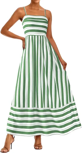 Miniatura 11 de PRETTYGARDEN Vestido largo de verano para mujer, con tirantes delgados, bohemio, floral, a rayas, para invitadas de boda, playa, vacaciones, vestido