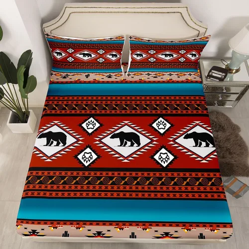 Miniatura 27 de Juego de ropa de cama occidental tamaño individual, sábanas aztecas, estilo nórdico exótico, bohemio, sábana bajera ajustable de tribu india