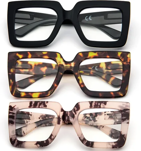 Miniatura 3 de Paquete de 3 lentes de lectura de marco grueso de gran tamaño para mujer, elegantes anteojos cuadrados grandes que bloquean la luz azul