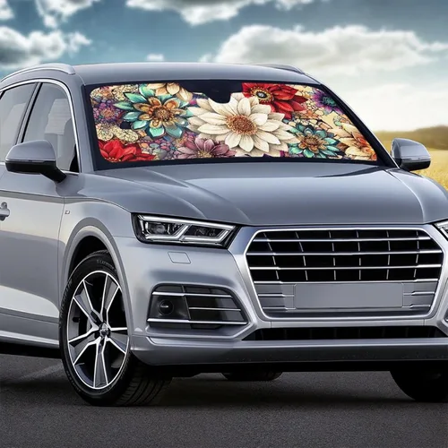 Miniatura 4 de HUGS IDEA Parasol plegable para parabrisas de automóvil, diseño de flores, bohemio, para la mayoría de los sedán, SUV, camión, parabrisas delantero