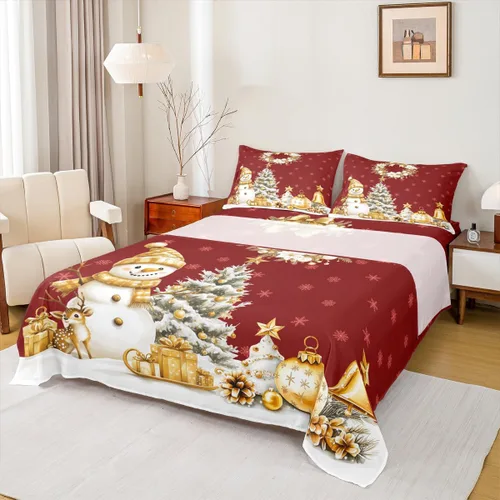 Miniatura 34 de Erosebridal Juego de ropa de cama individual con diseño de árbol de Navidad, muñeco de nieve, decoración de corona de Navidad, sábana bajera