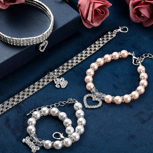 Miniatura 7 de Juego de 4 collares de perlas de diamantes de imitación para perro y gato, correa ajustable para el cuello con diamantes de imitación de cristal