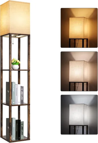 Miniatura 12 de Lámpara de pie RUNTOP Plus con estantes, lámpara de estante con bombilla LED de 15W, 3 colores, función de memoria, estante de exhibición ancho