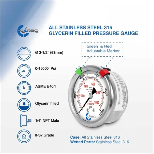 Miniatura 8 de Medidor de presión relleno de líquido de 300 PSI, dial de 2.5 pulgadas, montaje trasero 1/4 NPT, estuche 316 SS, 316 piezas mojadas SS, PSI/barra