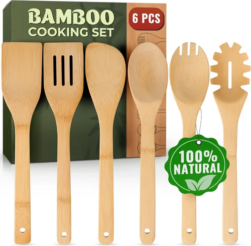 Bamboo Wooden Utensil Set, 6 Pcs - Nonstick Safe & Heat-Resistant Bamboo Utensils for Cooking - Easy to Clean & Sturdy Wooden Spoons for Cooking &