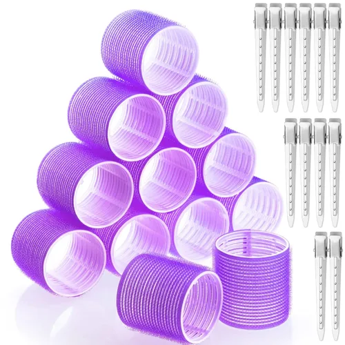 Miniatura 8 de Rulos para el cabello Jumbo, 12 piezas de rulos para el cabello con autoagarre y 12 clips de pico de pato de acero inoxidable para volumen de Negro