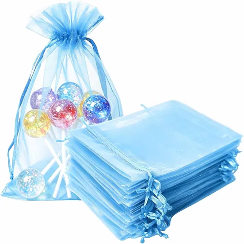 Miniatura 24 de Bolsas de regalo de organza de 4 x 6 pulgadas con cordón para joyas, dulces, paquetes de 50 bolsas de té de tela transparente azul aguamarina