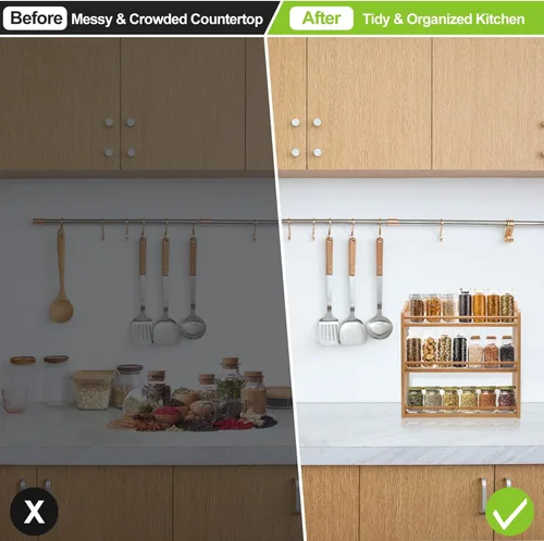 Miniatura 2 de Estante de Bambú de 3 Niveles para Especias, Estante Organizador de Frascos de Condimentos para Montaje en Pared o Encimera de Cocina